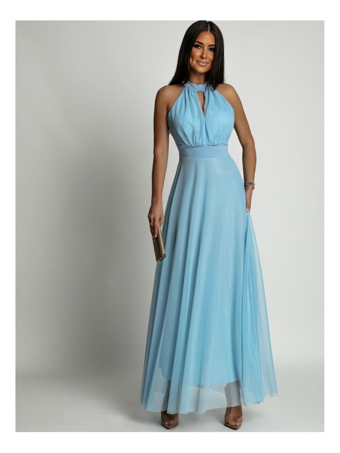 Elegant dress with tulle bottom, blue AZR156